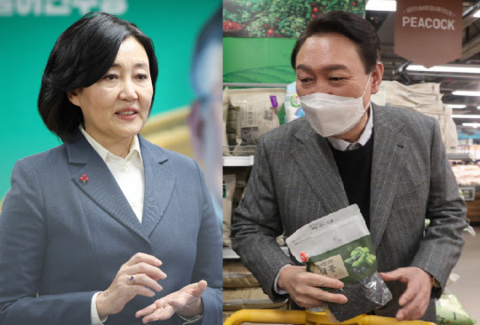 박영선(왼쪽) 전 중기부 장관과 윤석열 국민의힘 대선후보. <연합뉴스, 국민의힘 제공>